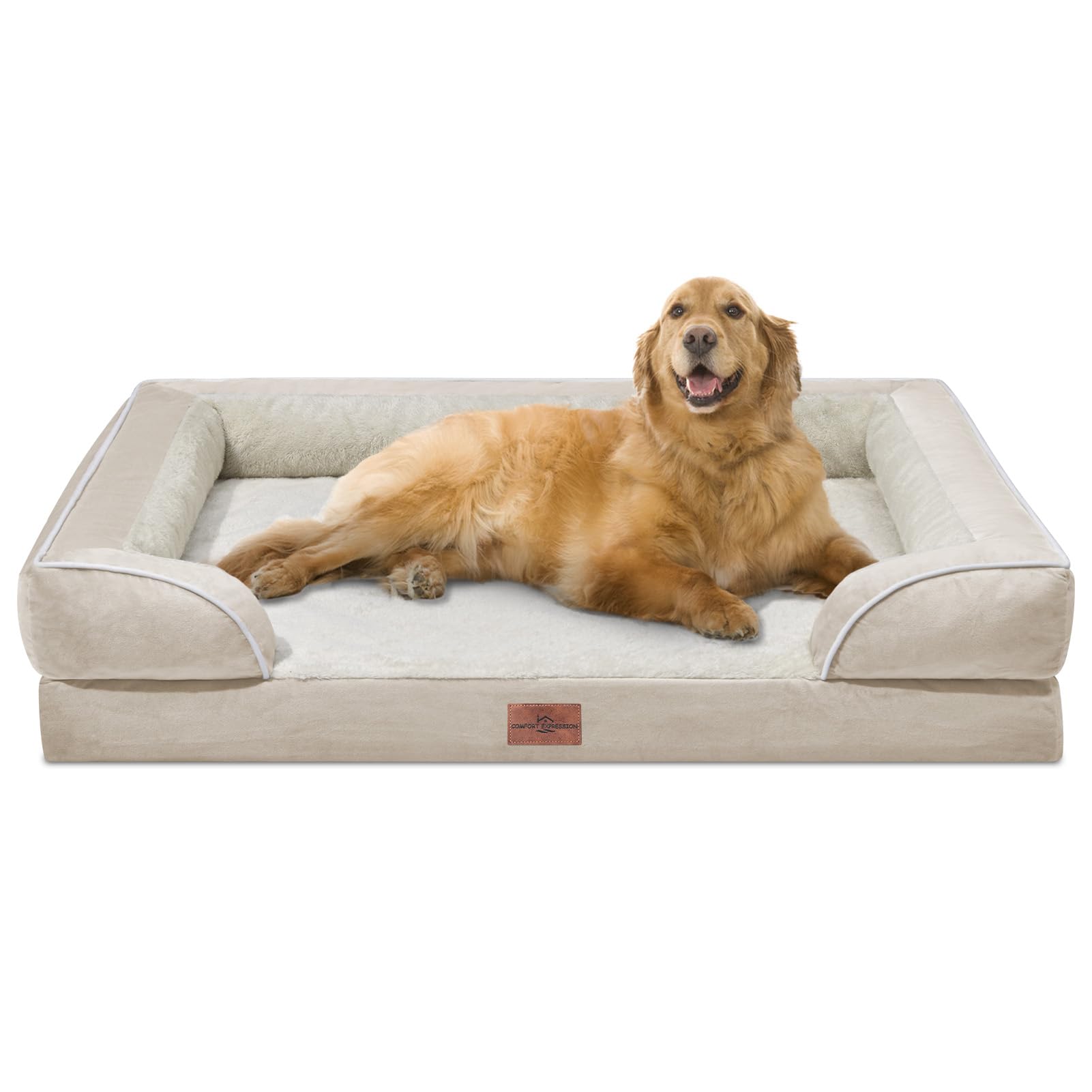 XL Dog Beds for Extra Large Dogs, Waterproof Orthopedic Dog Bed with Bolster, Washable Dog Bed Sofa with Removable Cover & Non-Slip Bottom(X-Large,Beige)