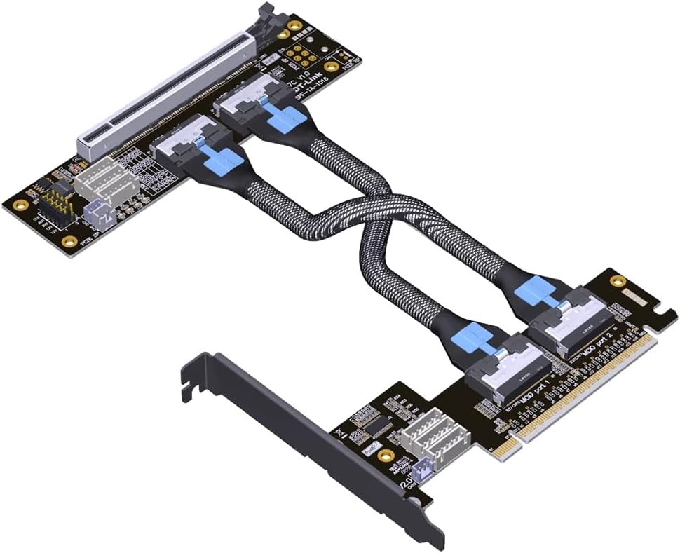 JMT ADT-F36B-F37C PCI-e 4.0 X16 to X16 MCIO Bifurcation Adapter Riser Card 256G/bps Split Extender SFF-TA-1016 with Power Cable (50CM)
