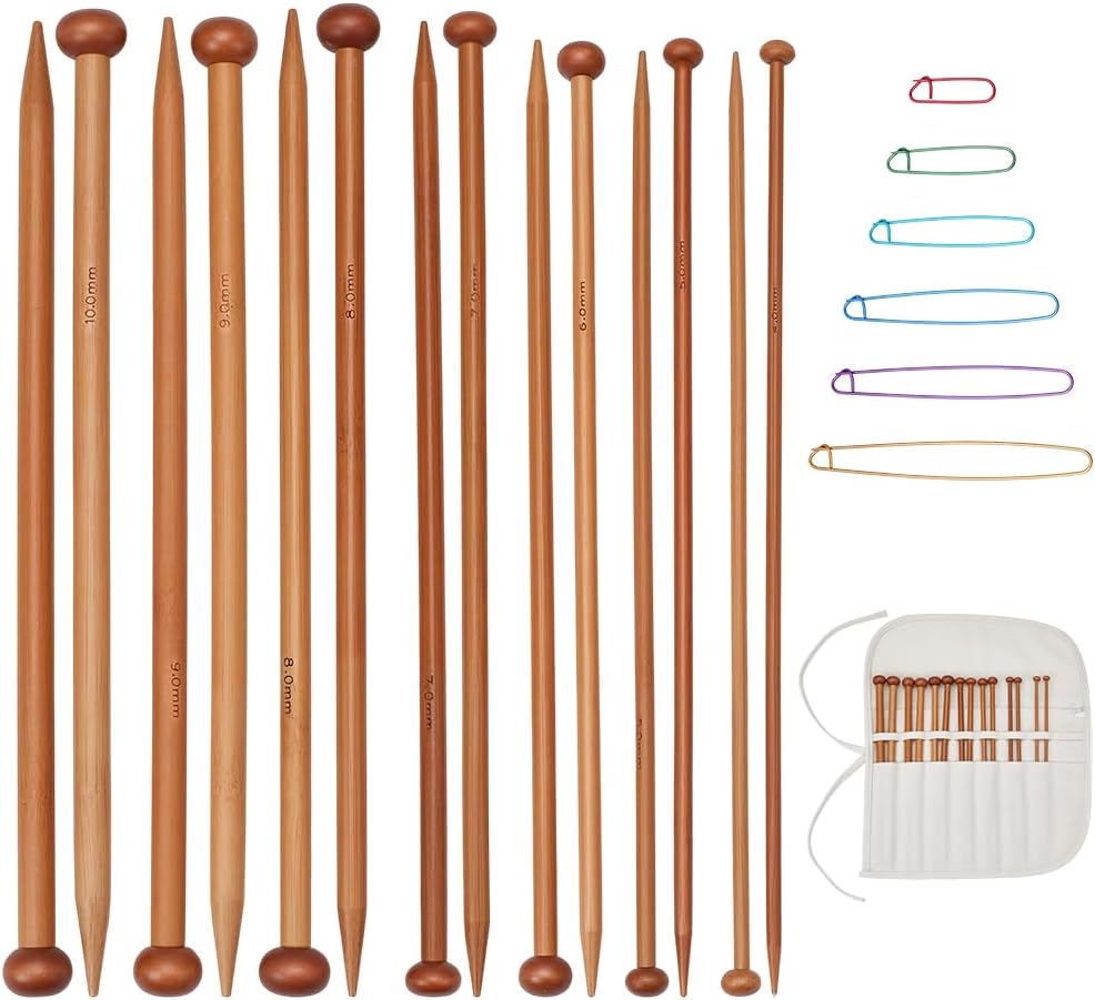 EVERYJOYCRAFT 14pcs 7 Pairs Natural Bamboo Knitting Needles Set Long Wooden Knitting Needles Single Point Straight Wood Needles Knitting Starter Kit for Beginners Adults Sweater Scarf