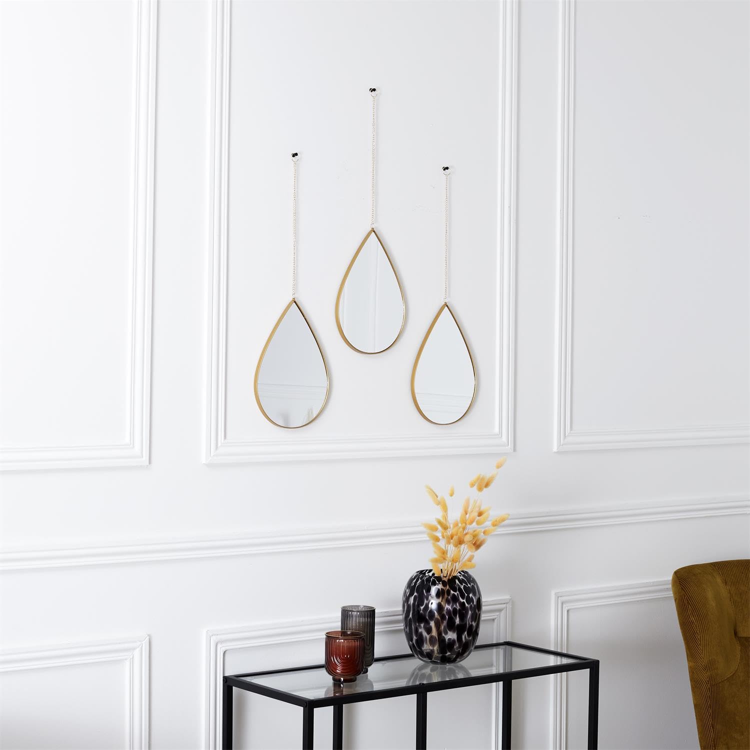 Lussuoso specchio sospeso a forma di goccia, set da 3 pezzi, cornice dorata, specchio decorativo da parete - oro