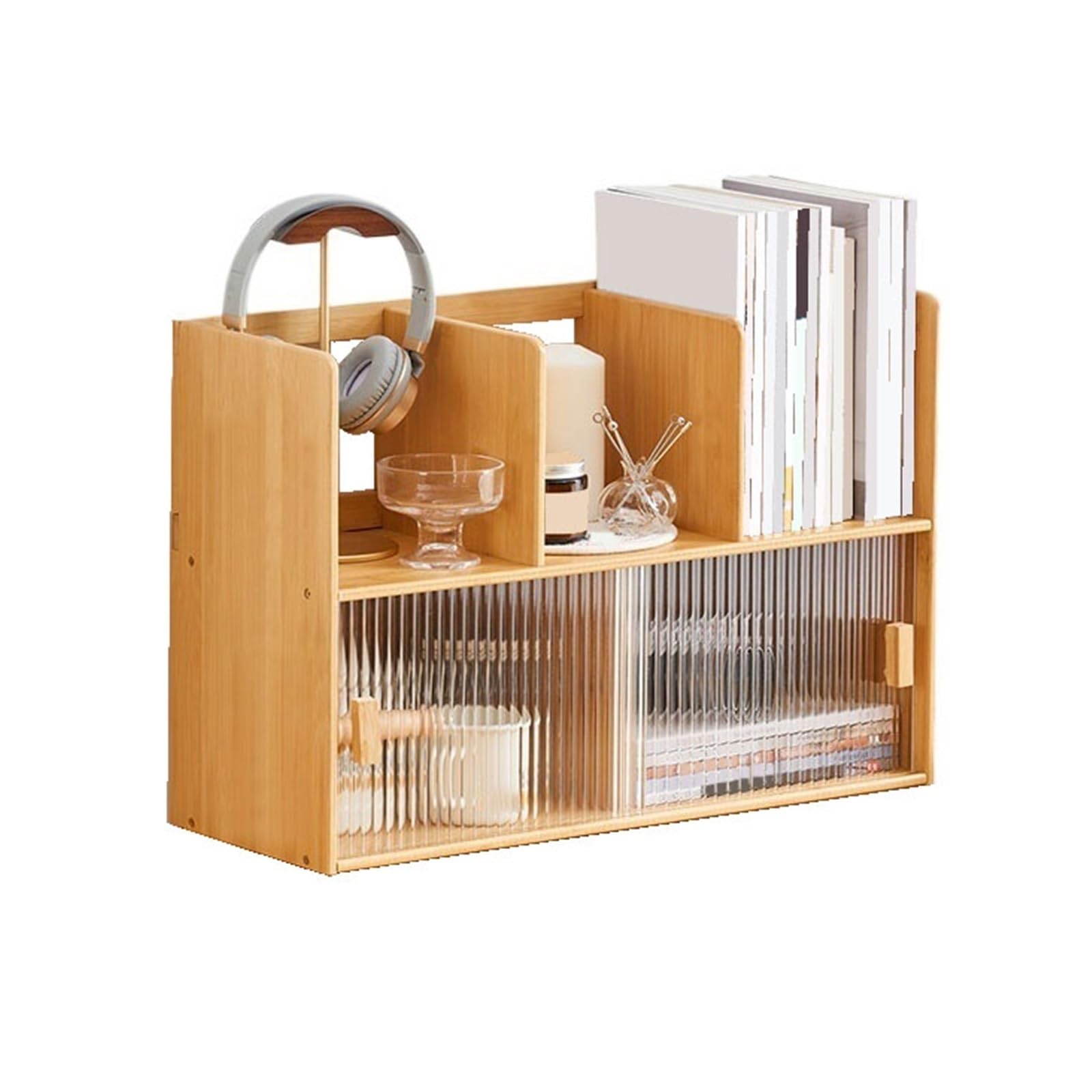 Lizhuzhuzs28 Bookcase Shelf Bookshelf Tabletop Minimalism Bamboo Storage Unit with Glass Sliding Door for Home Office Bookshelf Display(Large)