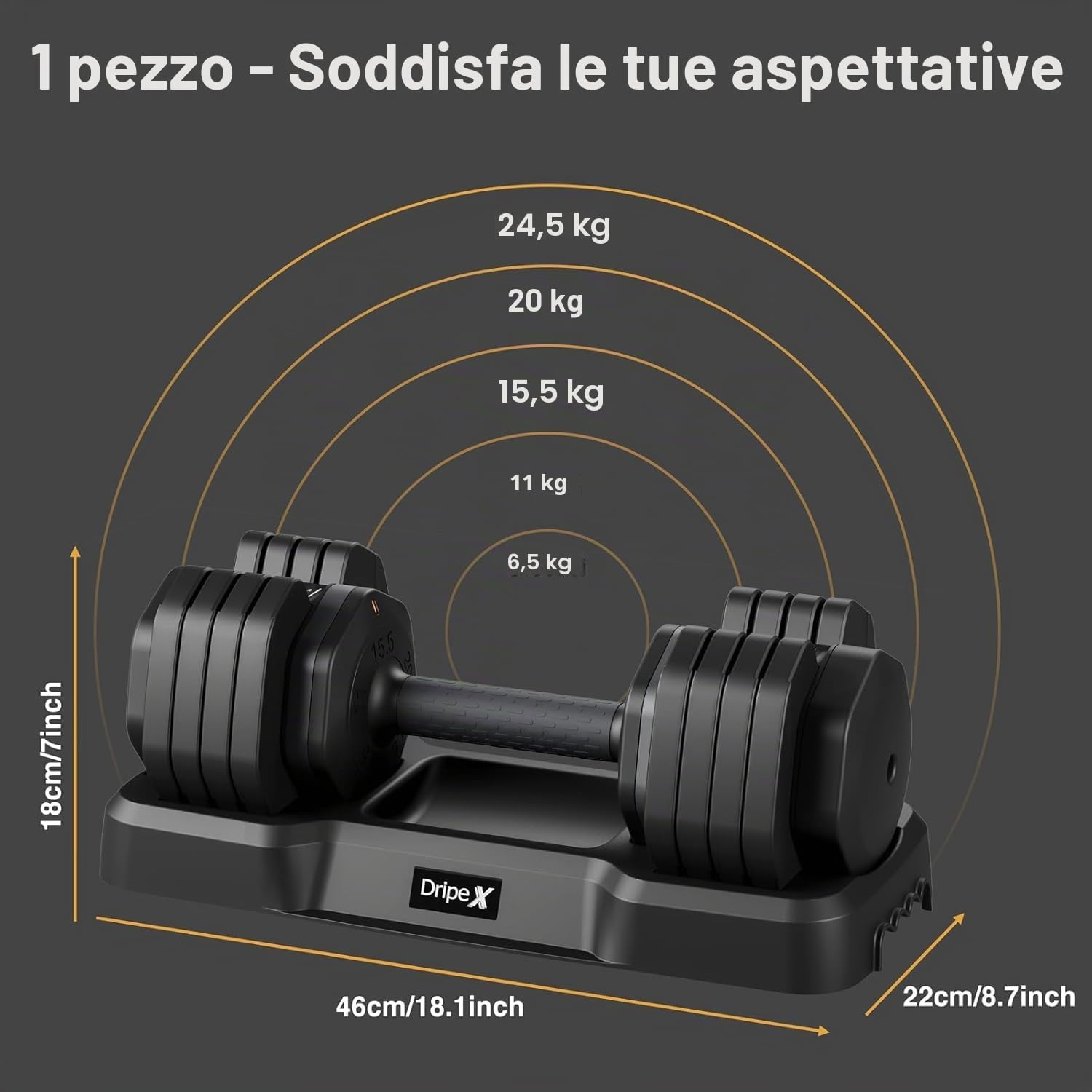 Dripex Manubrio Regolabile 11/24,5 kg 5/10 Livelli con Basi Fitness Casa