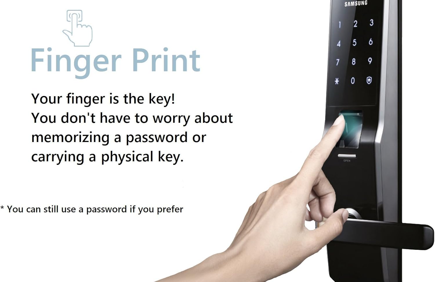 Hand pressing finger on the fingerprint scanner of the Samsung SHS-H700 lock