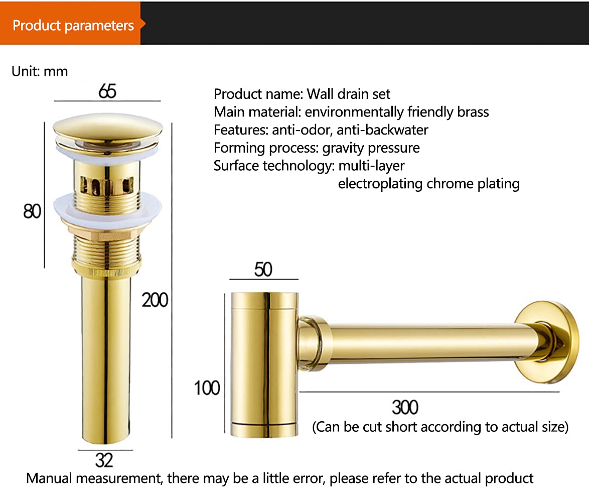 Sifone Lavandino Bagno Rotondo In Acciaio Inox - Design Antiodore Con Scarico A Parete (Oro Spazzolato)
