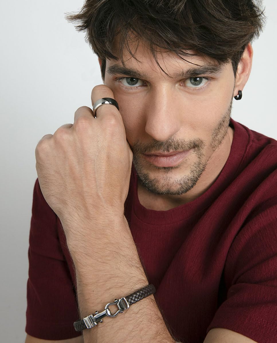 Viceroy Pulsera Hombre 14300P01011 - Acero y Piel Marrón Trenzada con Motivo de Grillete, Elegante y Moderna