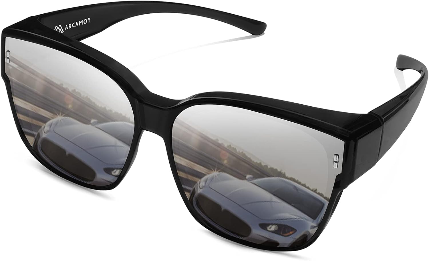 Polarized Sunglasses Fit Over Prescription Glasses, Anti Glare UV Protection Wrap Around Sunglasses For Men&Women A01 Glossy Black Frame/Silver Mirror Lens