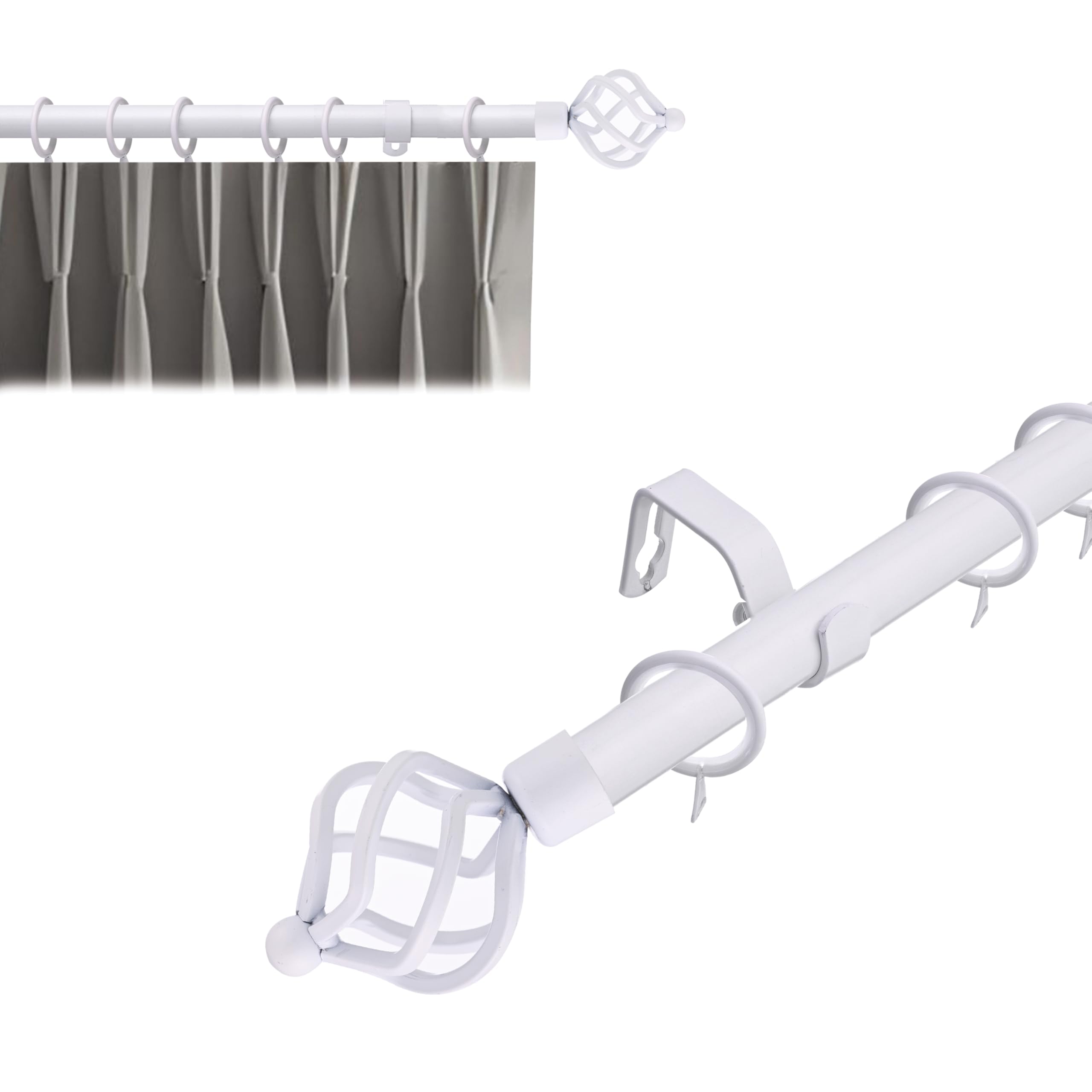 Lister Cartwright White (Cage Finials) 19 Mm Extendable Metal Curtain Poles Rods Voile Easy Fitting - White (Cage Finials, 120-210 Cm)