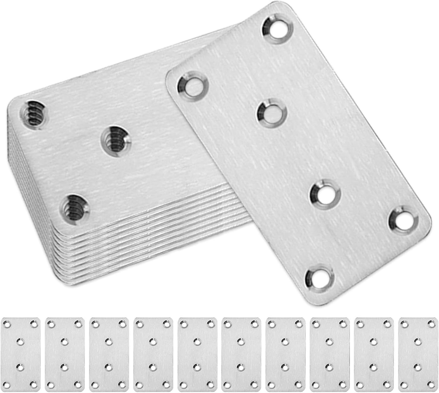 10pcs Metal Flat Brackets for Wood, 80 × 40 × 1.75mm Heavy Duty Stainless Steel Mending Plates, Sleeper Brackets for Fence Post and Timber Fixing and Joining(Color:Silver)