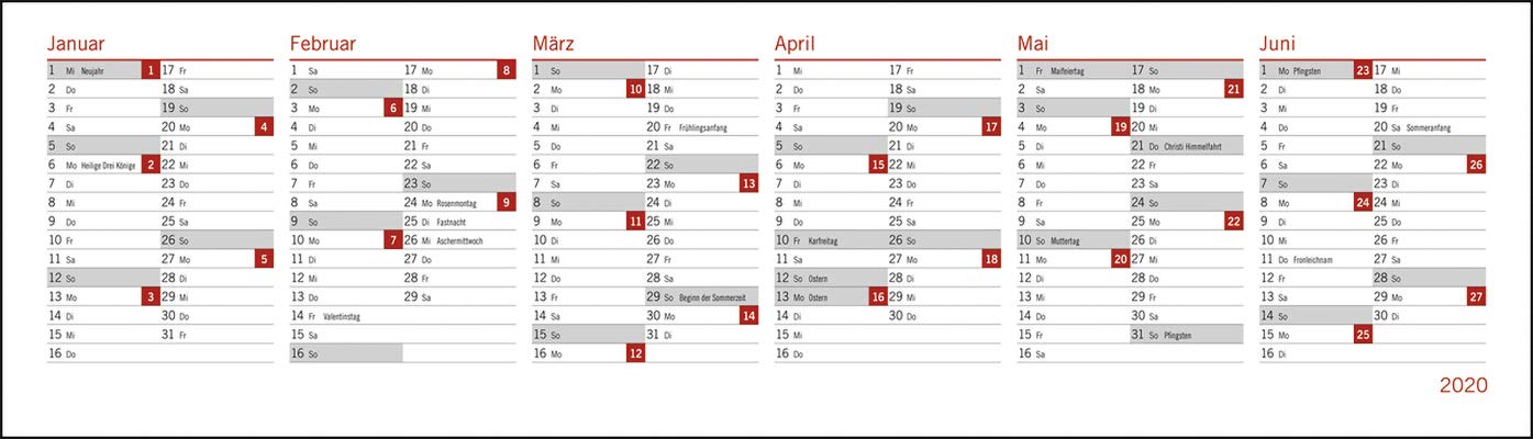 Bastin Wochenquerplaner. Tischkalender 2020. Wochenkalendarium. Spiralbindung. Format 32,5 x 9,3 cm