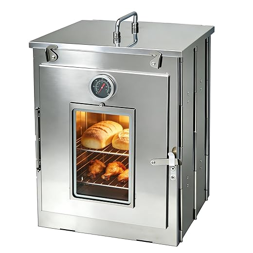 16-Inch H Folding Camping Oven - 2-Tier Grates, Portable Stainless Steel Grill for Baking Bread, Muffins & BBQ, Compatible with Wood-Burning & Propane Stoves