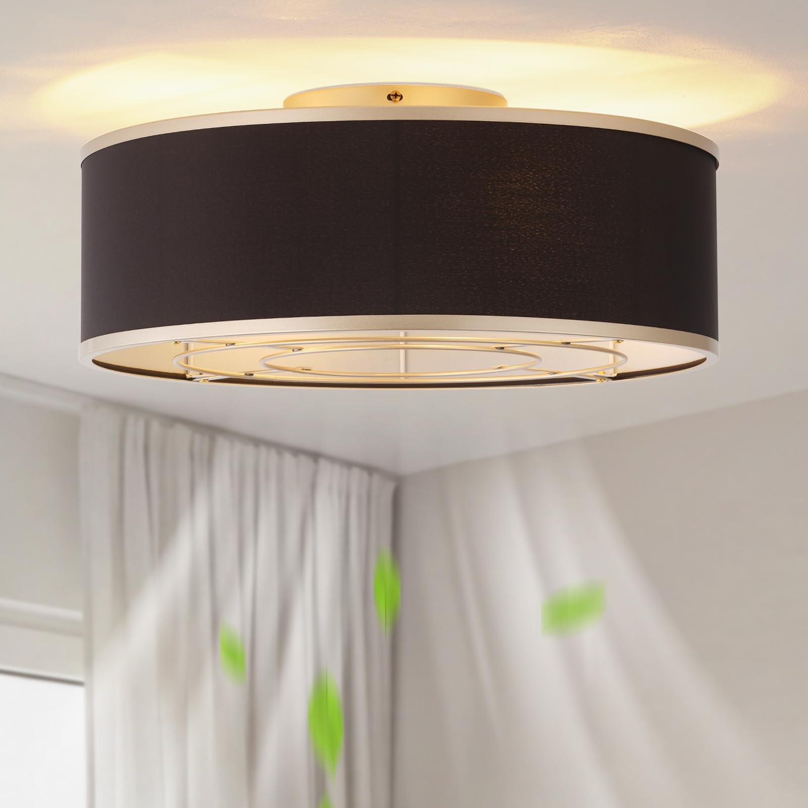 Flush Mount Ceiling Fans with Lights, 20" Caged Boho Ceiling Fan with Light and Remote, Bladeless with 6 Speeds for Bedroom, Nursery, Living Room