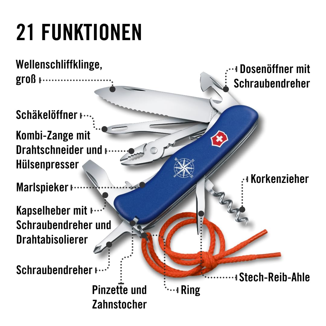 Victorinox Taschenmesser Skipper, Segelmesser, 5 Funktionen, Swiss Made, Multitool mit Große Klinge mit Wellenschliff, Feststellklinge, Blau