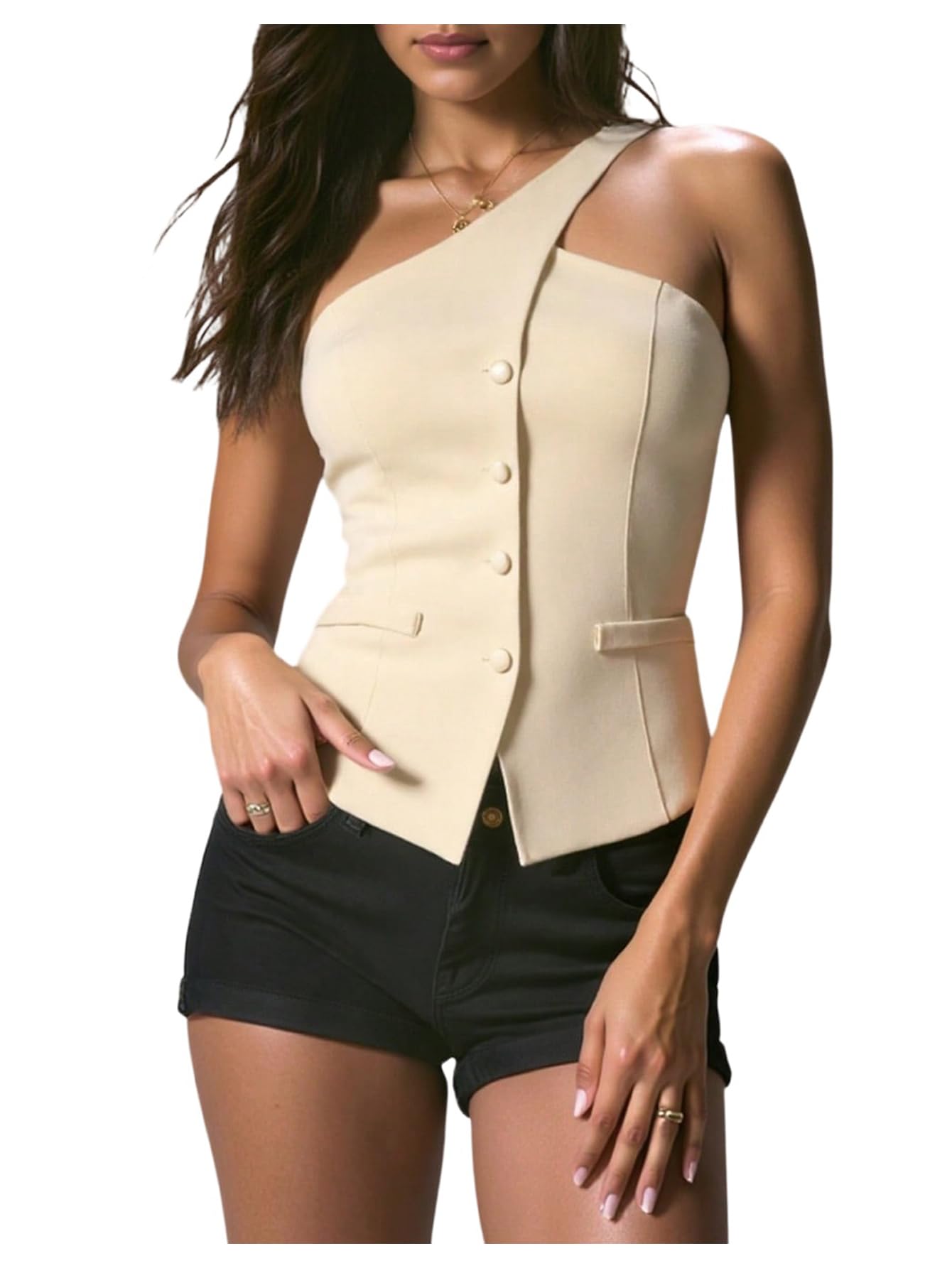MakeMeChic Womens One Shoulder Vest Tops Button Down Sleeveless Blazer Jacket