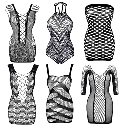 Damen Fischnetz Bodys Dessous Nachtwäsche Spitze Strümpfe Blumen für Romantische Datum Tragen Reizwäsche Schwarz (6Pack)