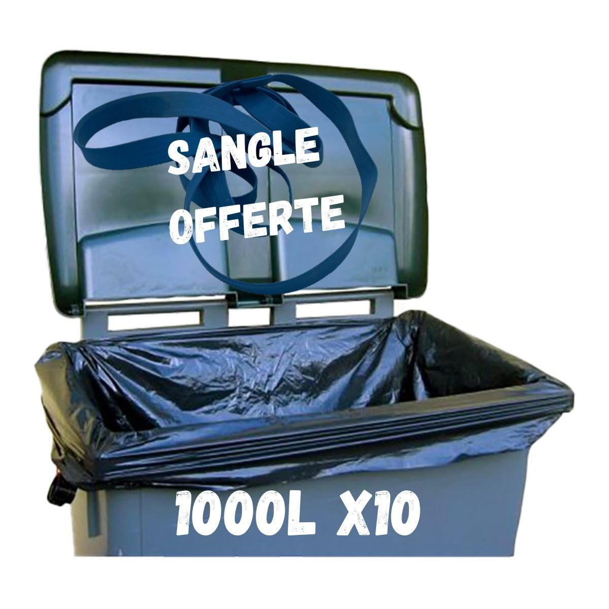 Lot de 10 Sacs Poubelle 1000 Litres | Housses de Container 4 Roues + Sangle de Fixation | Anti Salissures - Anti Odeur | Très Résistant - Opaque | Fabriqué en Europe | Normes CE, REACH, RSGP