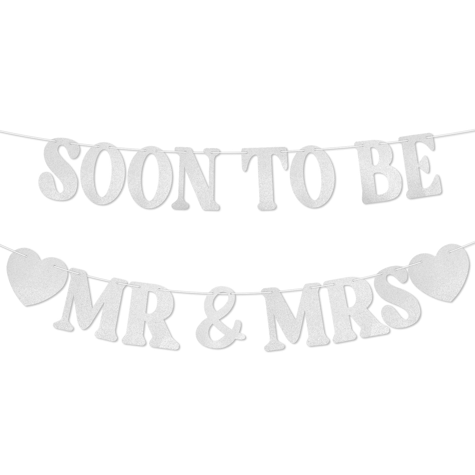 Penitue Soon To Be Mr & Mrs Banner, Pre-Strung Bridal Shower Decorations Glitter Hanging Sign for Wedding Engagement Bachelorette Party Decoration Supplies (Silver-Colored)