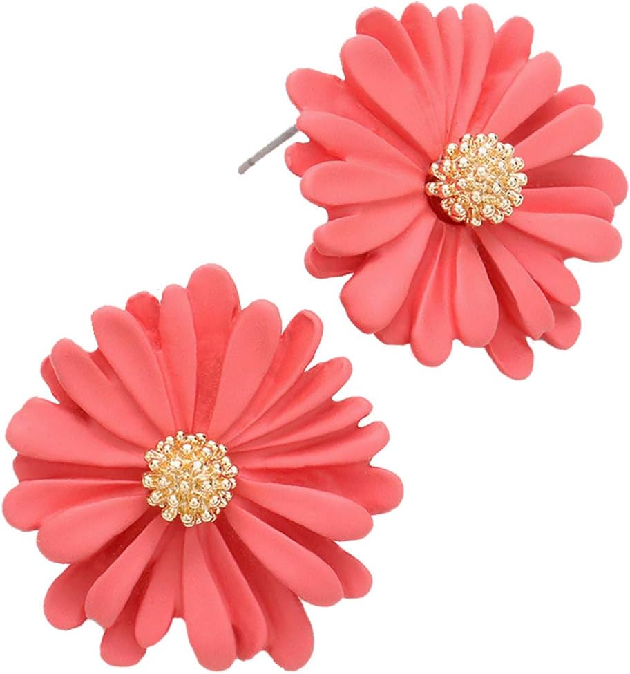 Rosemarie & Jubalee Women's Vibrant Coral Powder Color Coated Metal Blooming Daisy Flower Post Earrings, 1"