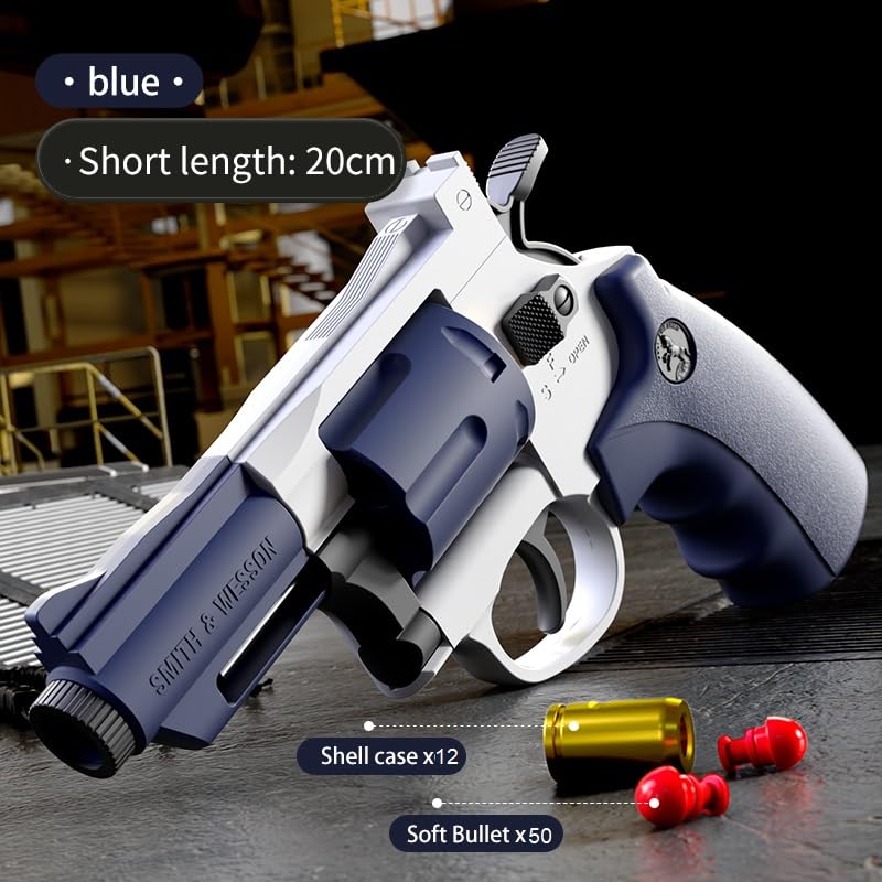 Image of Revolver Toy Gun| Real Looking Plastic Airsoft Gun Pistol Fully Automatic | 12 Bullet Shell' and 50 Bullets Included(White+Blue)