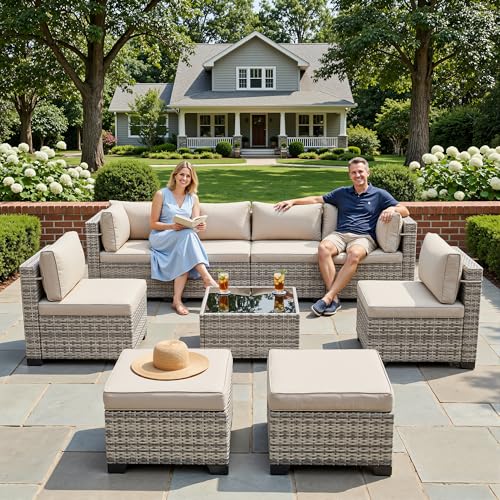 Image of Outdoor PE Wicker Rattan Modular Patio Sectional Sofa Set | 9-Piece: 6 Modular Seats, Coffee Table & 2 Ottomans, Khaki
