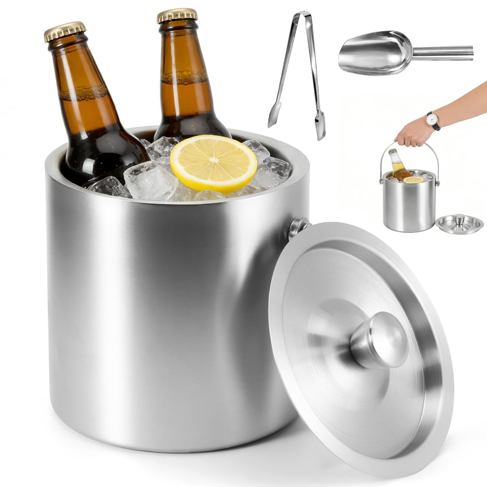 Bryzal Ice Bucket, 2L Double Walled Insulated Small Ice Bucket,with Ice Tongs and Scoop Round, Stainless Steel Champagne Bucket for Home Parties Bars Pubs Clubs Restaurants BBQs and Picnics