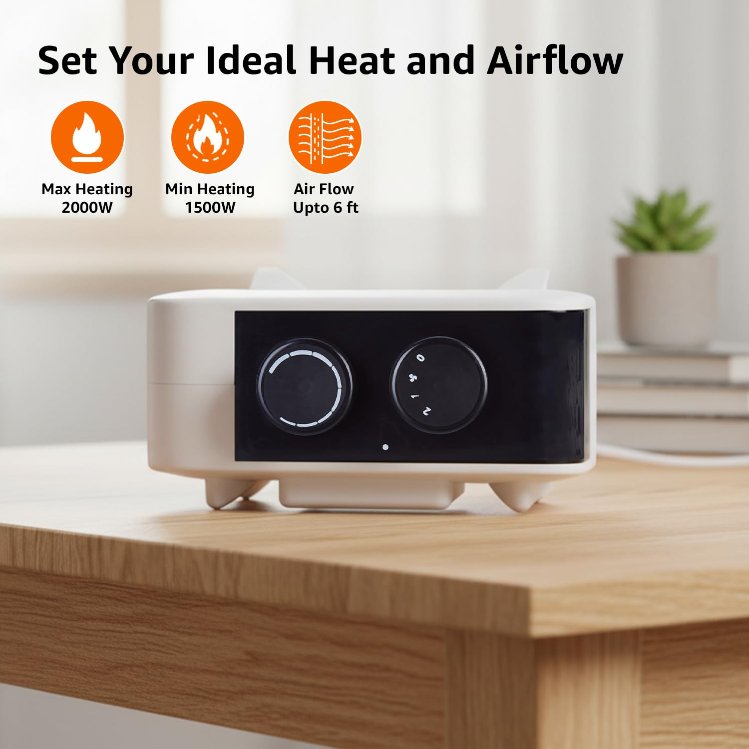 AmazonBasics Compact Portable Room Heater | 2000W | Corded Electric | Convection Heating with 2 Heat Settings | Indoor Use | Small | White PP Plastic 2