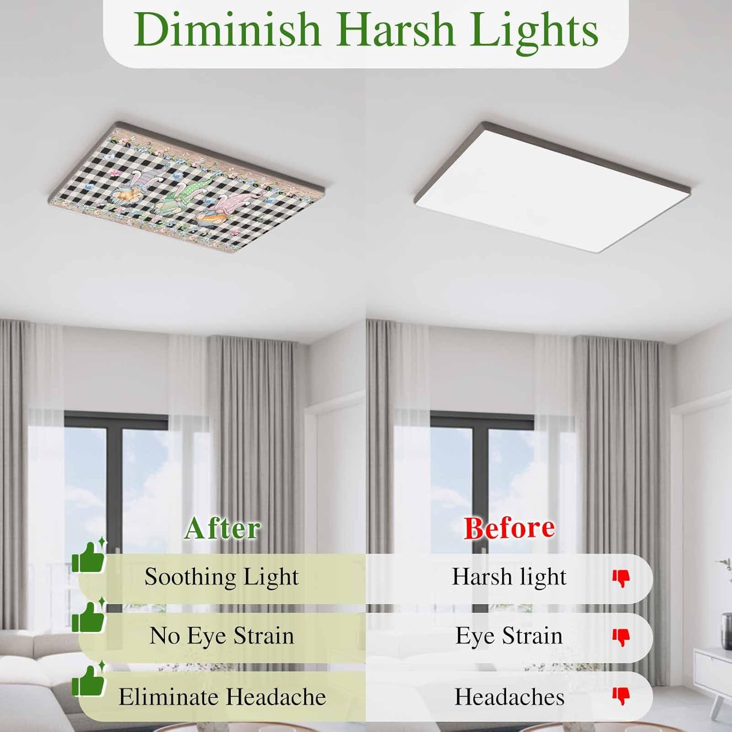 2x4 ft Fluorescent Light Cover for Ceiling Easter Gnome Rabbit Flower Magnetic Light Filters, Farmhouse Black Buffalo Plaid Ceiling Lampshades for Home School Office 4Pcs