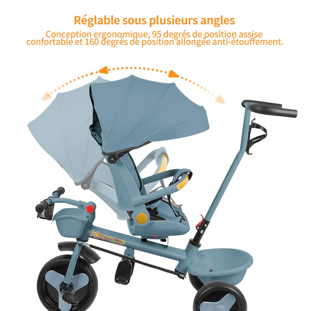 5 en 1Tricycle Enfants évolutif, Lumières et Musique, Siège Enveloppant, Siège et Inclinaison, Garde-Corps Amovibles, Porte-gobelet，Bleu