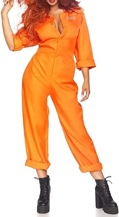Springcmy Men Women Orange Prisoner Jumpsuit Jail Costume Role-Play Party Zipper Cosplay Halloween Jailbird Inmate Costume