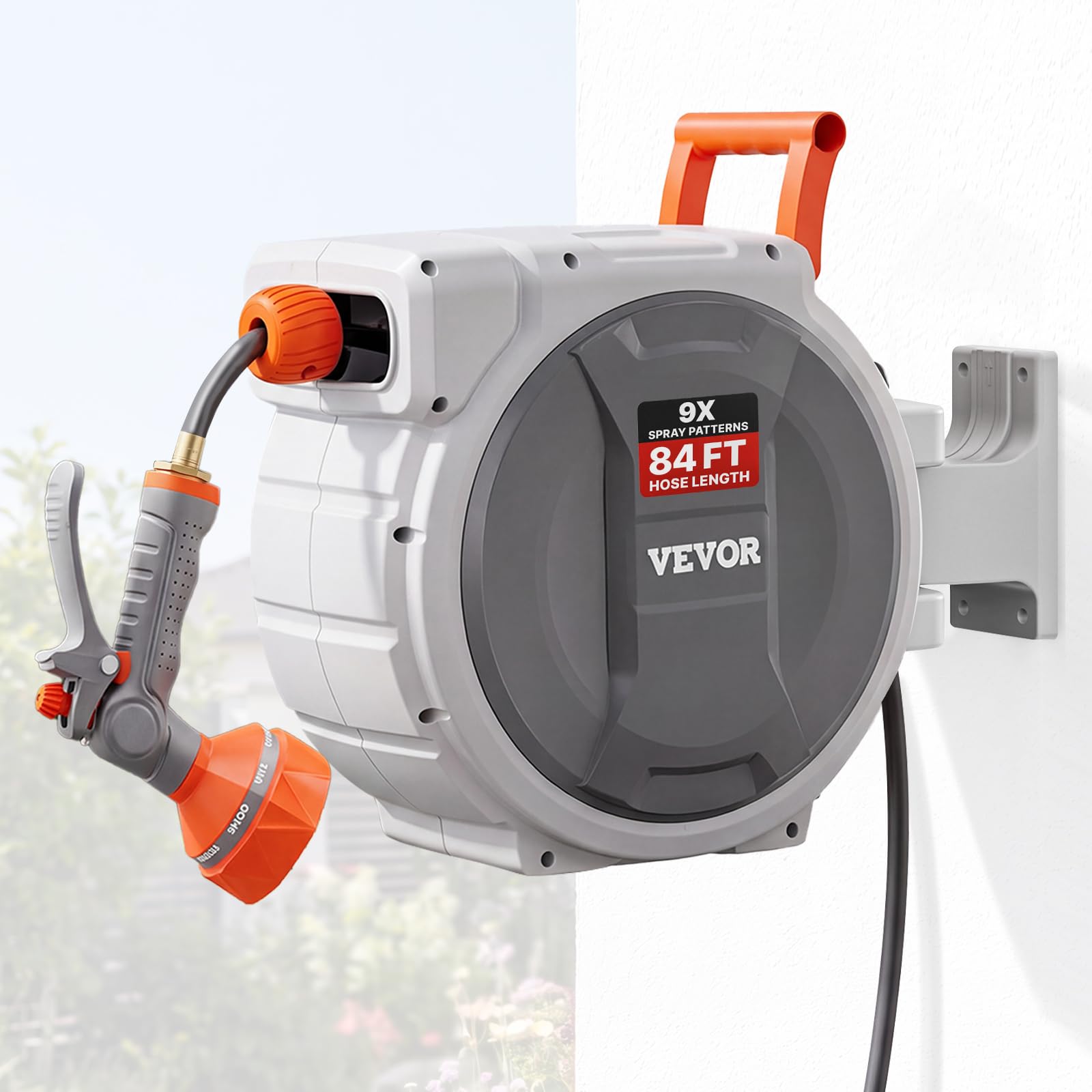 VEVOR Retractable Garden Hose Reel, 1/2 Inch x 84 ft Wall Mounted Heavy Duty Garden Hose Reel with 9 Patterns Nozzle, Any Length Lock, Upgraded Slow Return System and 180°Swivel Bracket