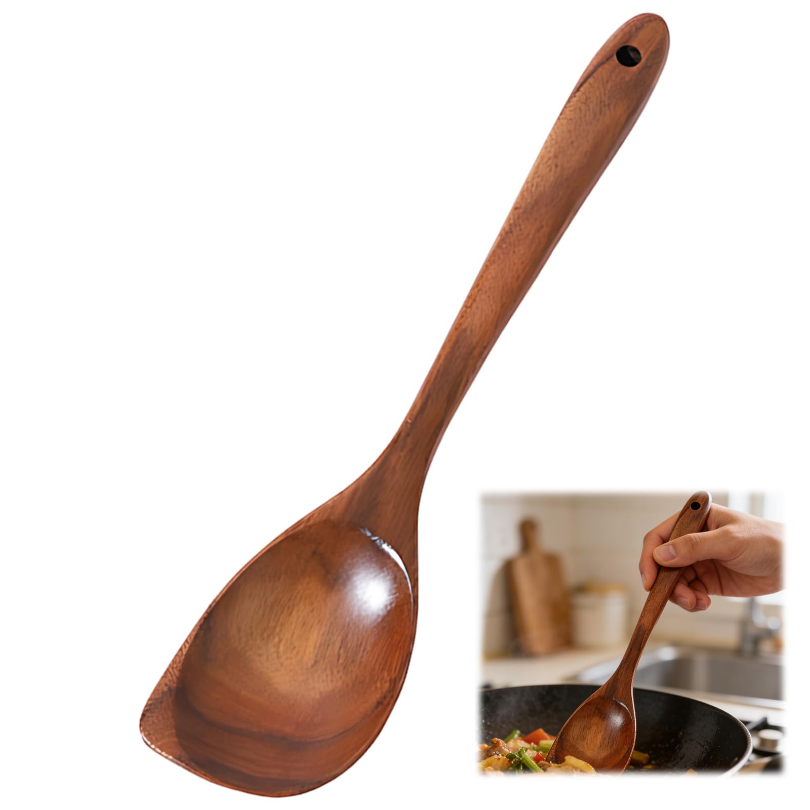 Wooden Spoons for Cooking,32.5 cm Length Teak Wood Spoon Long,Handle Teak Wooden Cooking Utensils, Stirring in Deep Pots and Scraping Corners