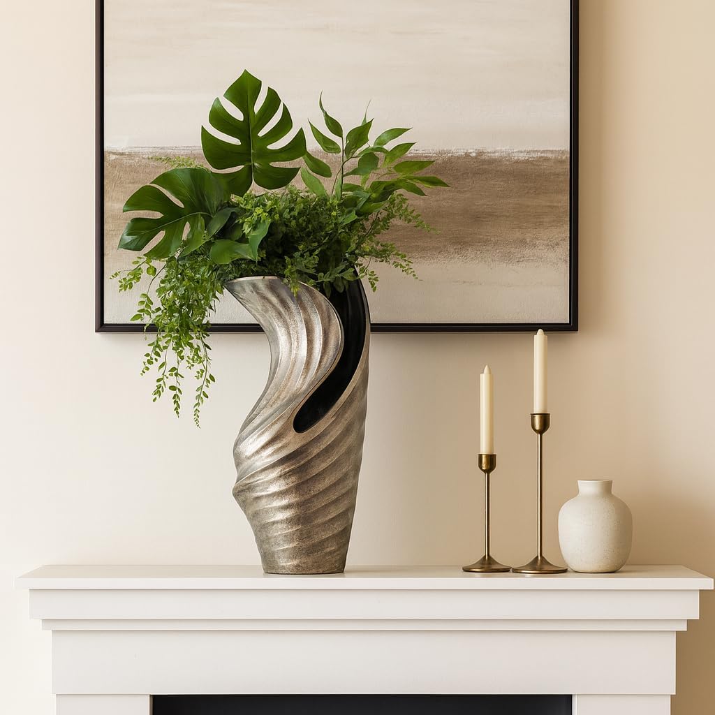 Metal Sculptural Vase for Living Room Decor and Home Accents - Elegant Flower Vase for Dining Room, Bedroom, or Office Styling - Designed for House and Entryway Table Displays- 16", Silver & Black