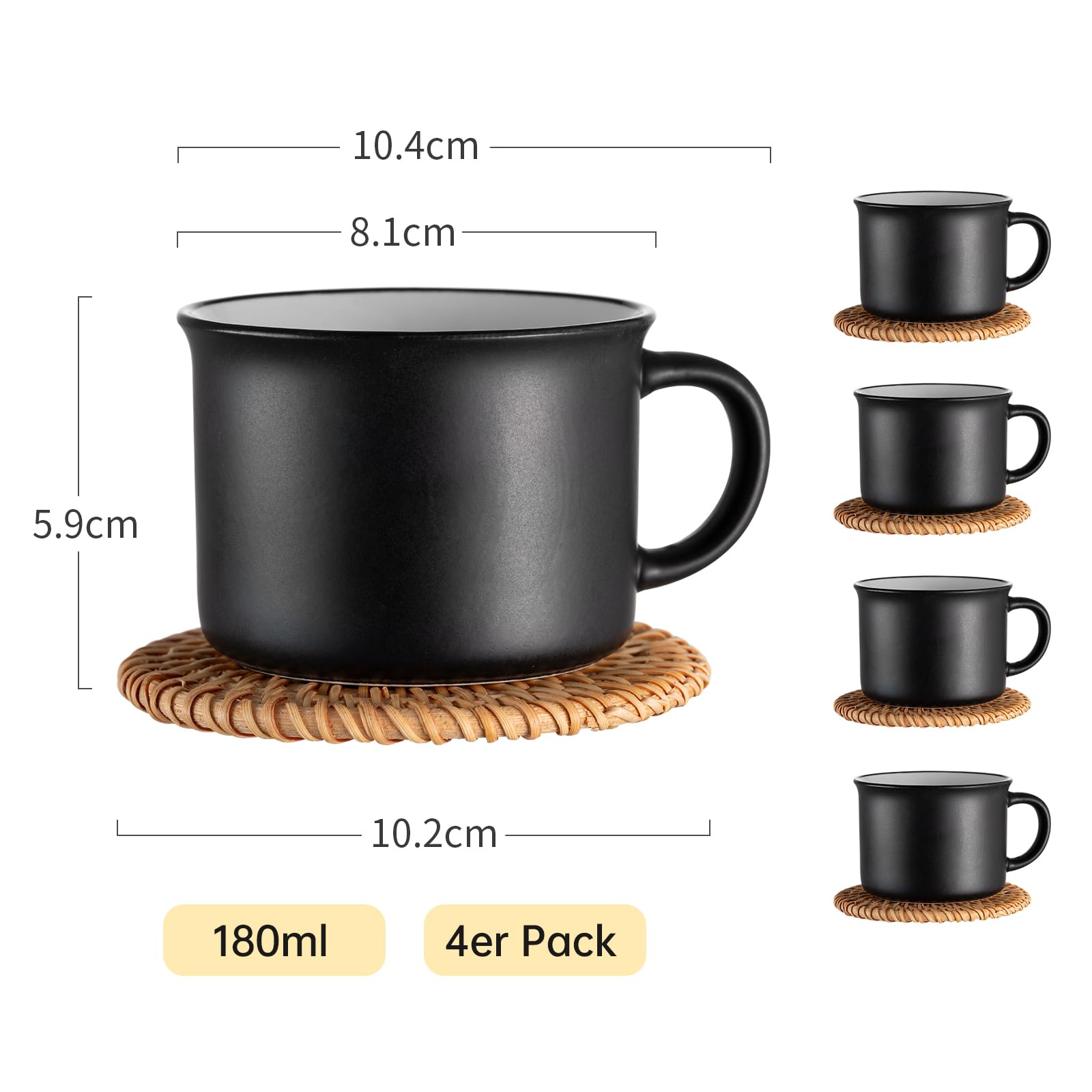 Juego de 4 tazas de café con platillo de cerámica, 180 ml, 8 piezas, juego de tazas con platillo, color negro