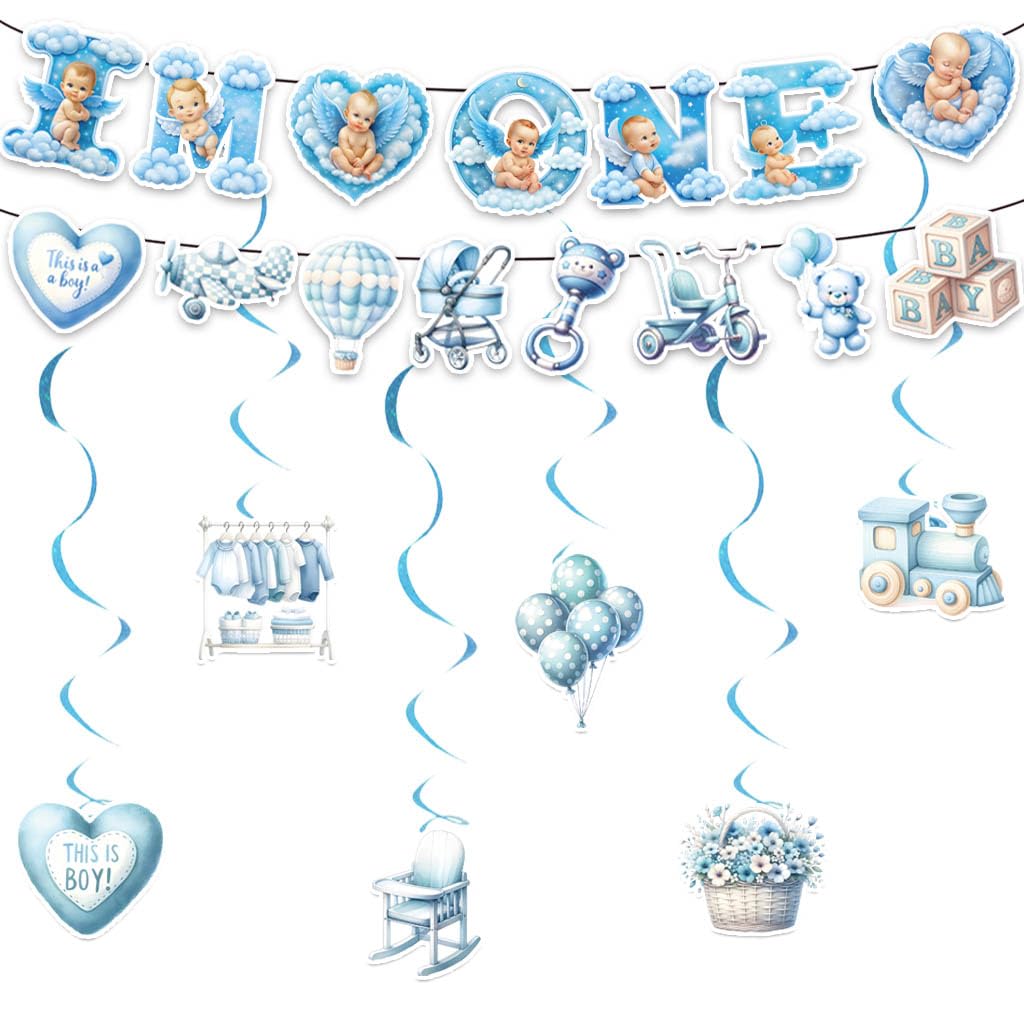Boy 1st Happy Birthday Banner,First Birthday Party Supplies for Boy One Year Old Boy Birthday Decorations,6 PCS Hanging Swirls for 12 Monthly Photo Banner