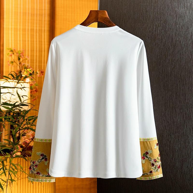 Women's White National Style Embroidered Spring Simple Versatile Patchwork Round Neck Top