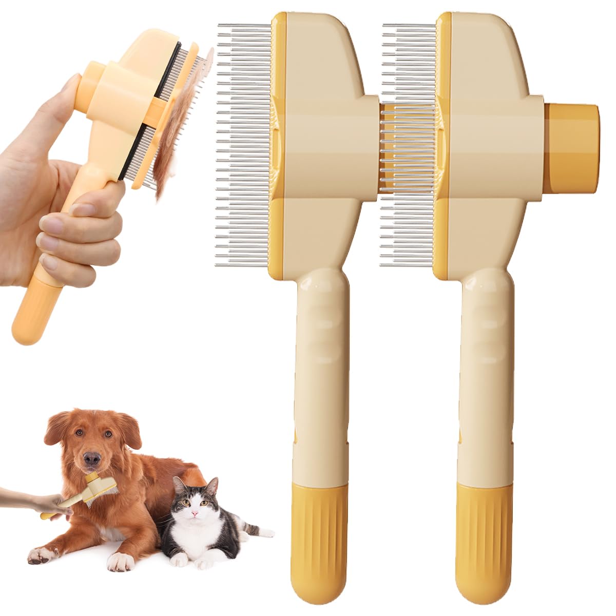 Dog Cat Brush, Pet Comb for Long and Short Hair, One-Click Cleaning Brush for Removing Matte Hair, Knot and Tangling Detangler Tool Accessories for Dogs, Cat and small animals (2pcs Yellow)