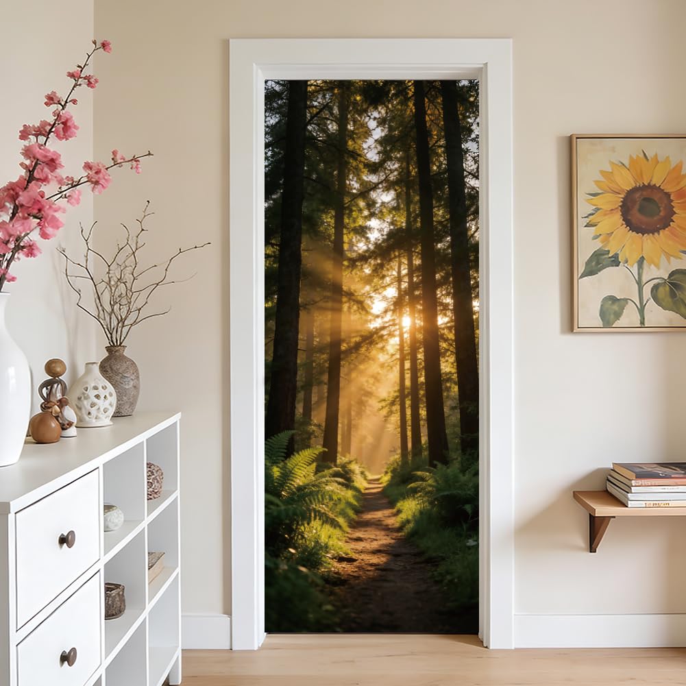 arricraft 2 Stück 3D Selbstklebender Türaufkleber 31.5"X78.7" Treppe Zum Wald Sonnenlicht Dekorationen Türwandbilder Aufkleber PVC Abnehmbare Tapete Dekoration Für Schlafzimmer Wohnzimmer