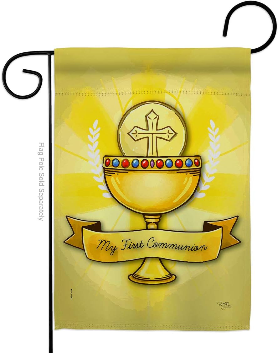 My Holy Communion Garden Flag Set Wood Dowel Religious First Cross Chalice Eucharist Christian Religion Tradition Small Decorative Gift Yard House Banner Double-Sided Made In USA 13 X 18.5