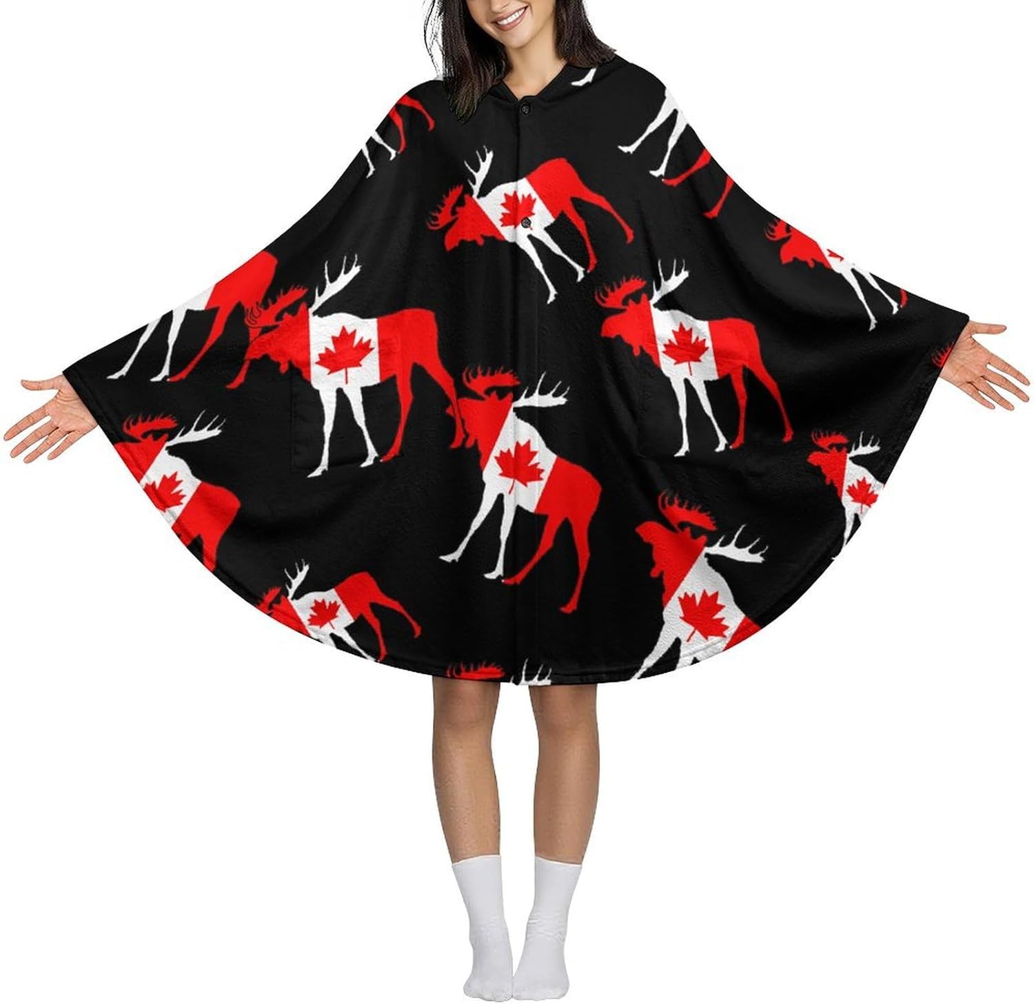Canada Flag Mooses Wearable Blanket with Hooded Flannel Blankets Cape with Pocket
