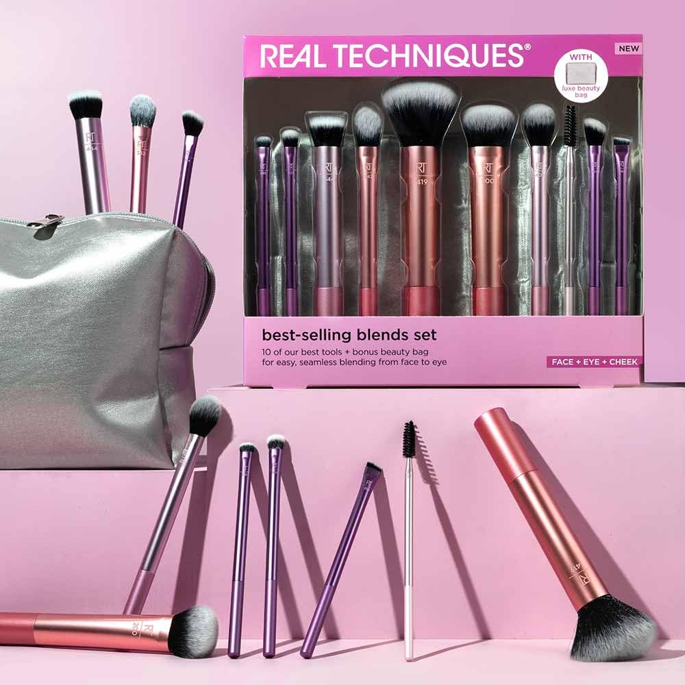 Real Techniques Blends Set 10-Piece Makeup Brush Collection with Beauty Bag for Face and Eye, Vegan, Cruelty-Free