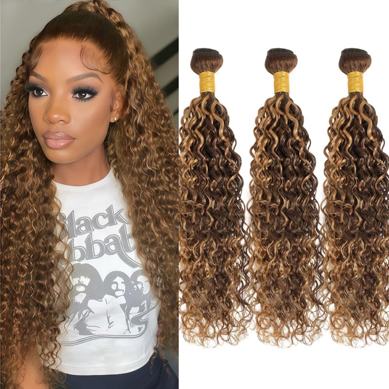 26 28 30 Inch Honey Blonde Water Wave Bundles Human Hair Blonde Highlight Hair Bundle Brazilian Virgin Wavy Hair Weave for Black Women (Brown and Blonde,#P4/27)