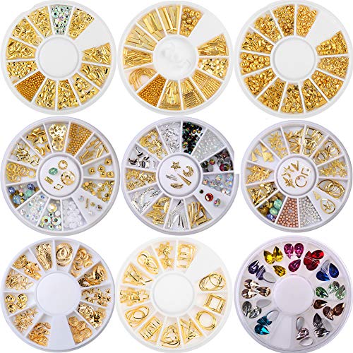 YesLady Nail Art Metal Studs Gold and Silver Punk Rivet Gems 3D DIY Jewels Rhinestones Decoration 9 Wheels