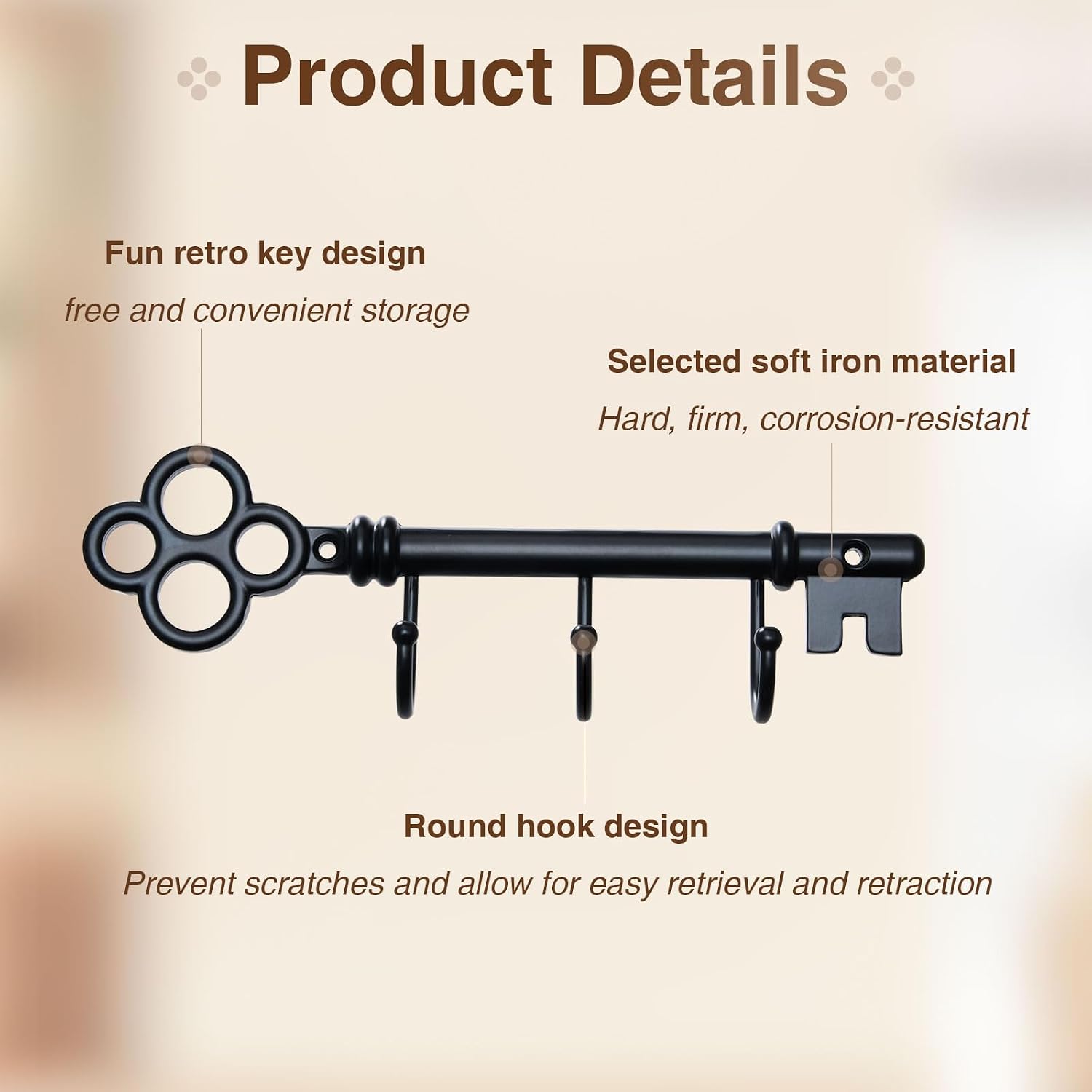 Classic Wall Mounted Key Holder Hook Rack, Vintage Key Rack for Entryway (Black) image 4