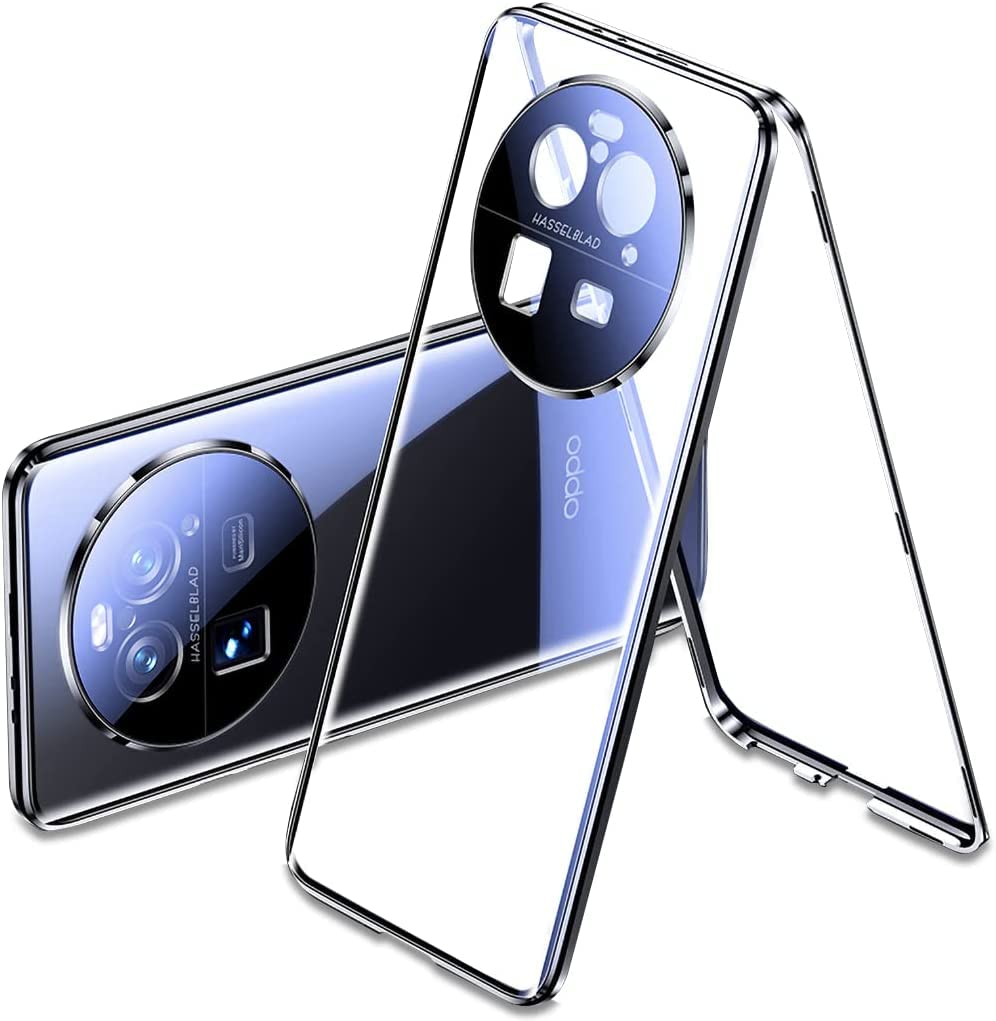 GenericCase for Oppo Find X6 Pro 5G,Magnetic Body Metal Frame Double Sided Clear Tempered Glass Shockproof with Camera Protection Cover Thin (Black)