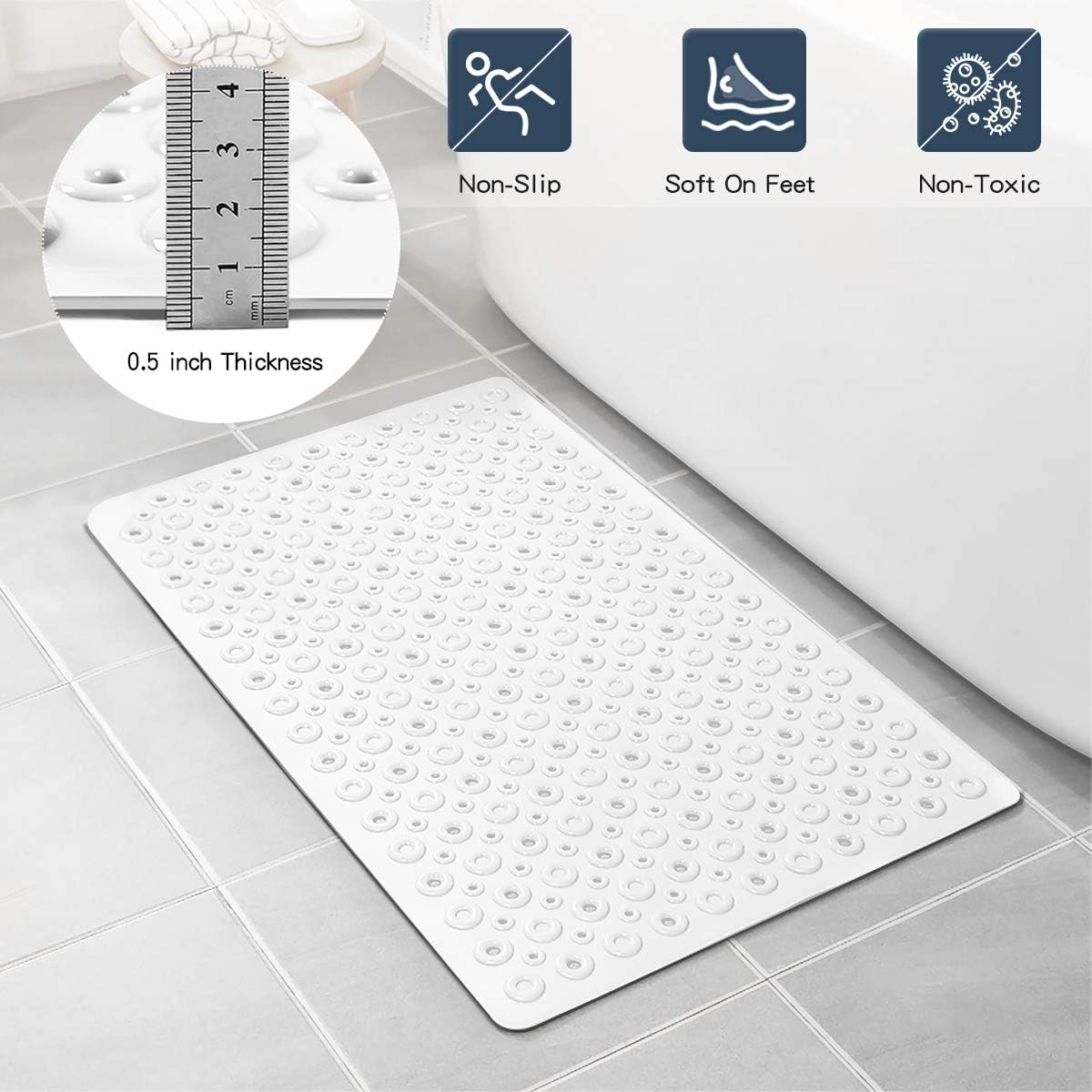 Bsicpro Bath Tub Shower Mat Non-Slip Bath Mat for Tub and Shower 35"x16" Upgrade Reinforced Large Suction Cups and Circle Hole Massage Enlarged Design of Central Drain Hole (Cream White)