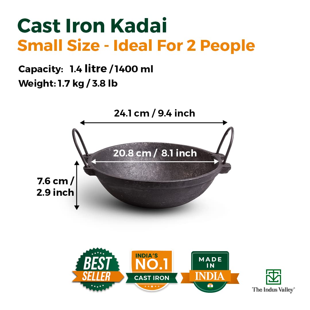The Indus Valley PreSeasoned Cast Iron Kadai/Kadhai for Cooking and