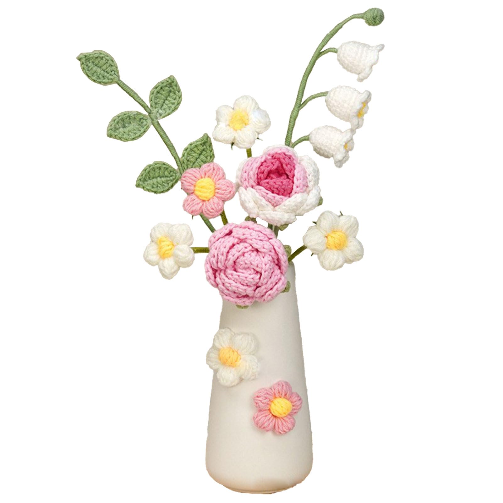 Crochet Rose,Sunflower,Lilies of The Valley in Ceramic Vase Set