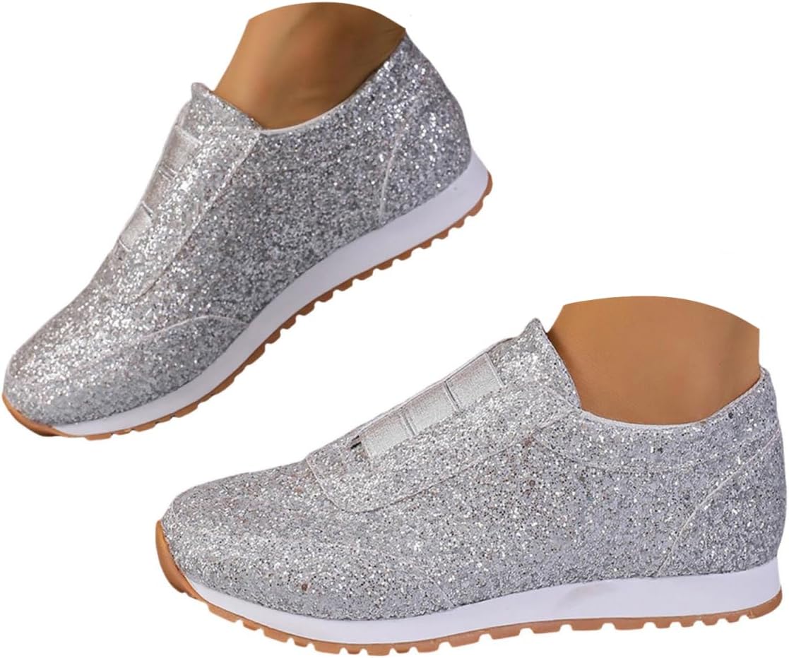 Glitter Sparkly Fashion Sneakers for Women Platform Casual Shoes Womens Bling Sequin Comfy Slip On Orthopedic Sneakers Women's Lightweight Low Top Dance Tennis Walking Running Shoes