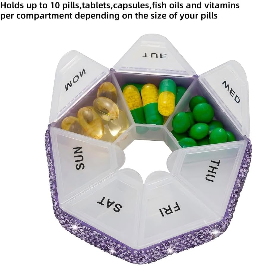Round Pill Organizer Small Weekly Pill Case for Purse Bling Cute Medicine Pill Box Compact Vitamin Container 7 Day Daily Pill Holder Planner(Purple) image 4