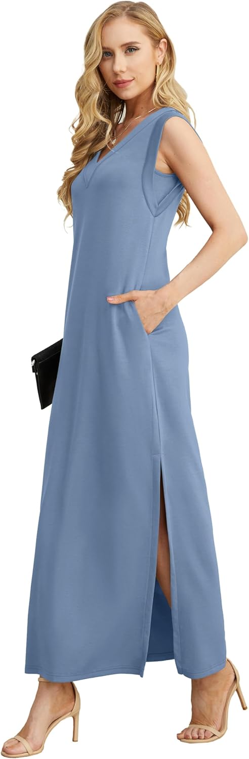GRECERELLE 2026 Women Summer Inside-Out V-Neck Casual Loose Split Wrinkle-Free Long Maxi Beach Dress with Pockets - Image 3
