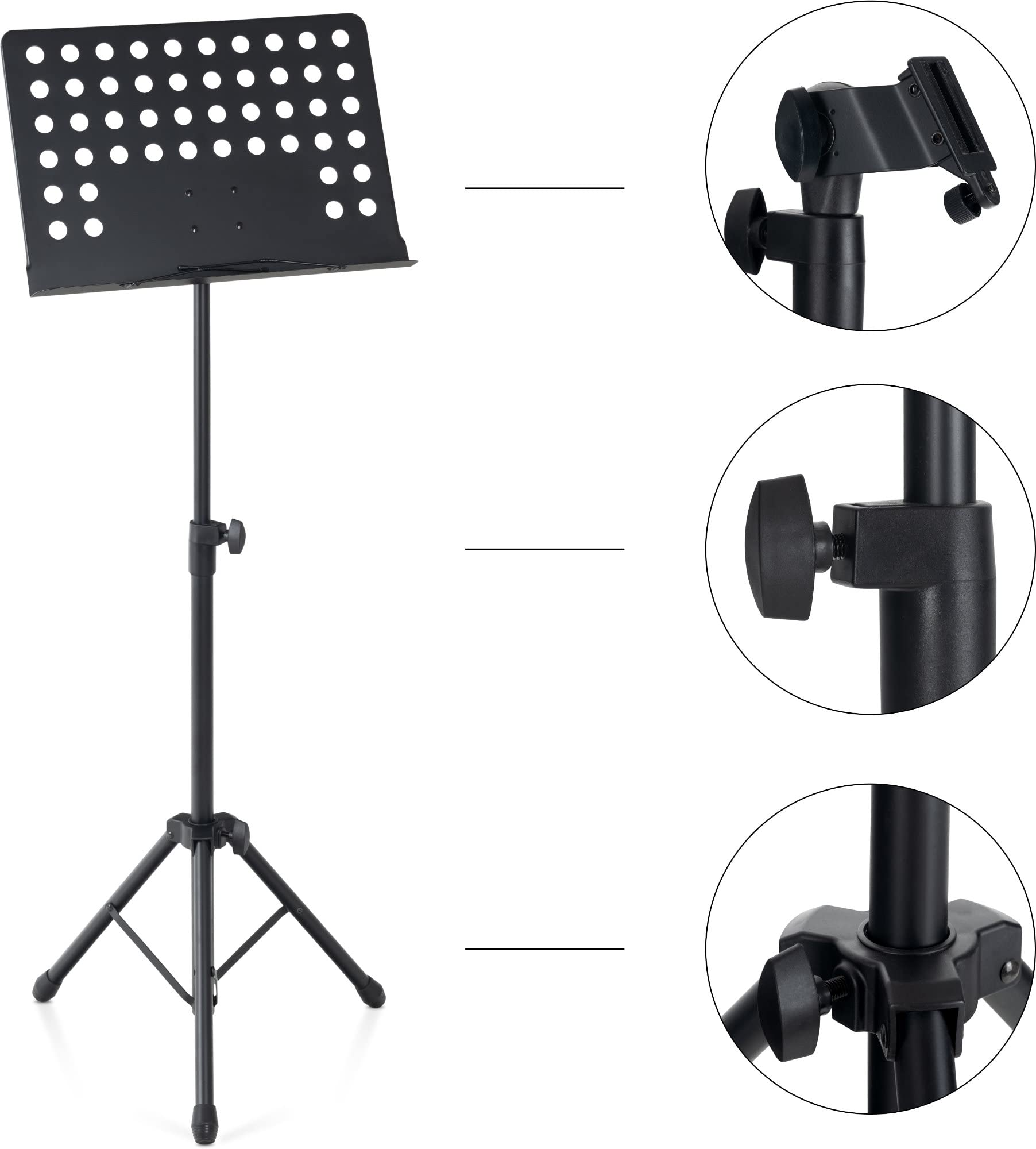 Pronomic OS-01P Orchesterpult Lochblech Ständer (Notenständer mit Notenklemmen, Abnehmbare Ablage, 2 Federklemmen, ausziehbar von 69 cm bis 115 cm) schwarz